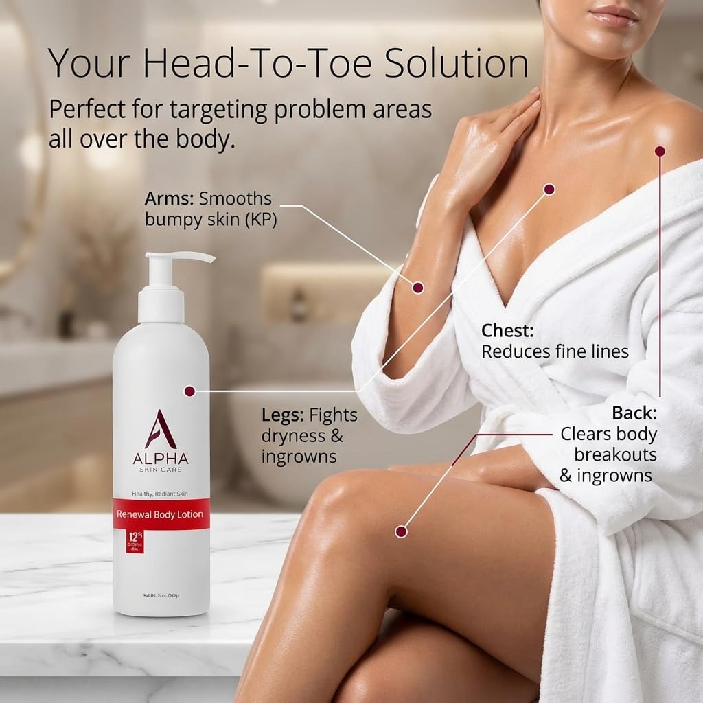 Home alpha skin care revitalizing body lotion, 12% glycolic aha, simple & effective daily moisturizer with alpha hydroxy acid, hydrates & exfoliates for soft, smooth skin, anti aging, 12 oz