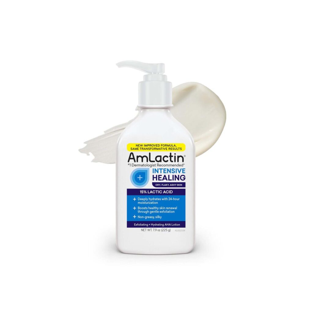 amlactin intensive healing body lotion therapeutic lotion for extremely dry skin no scrub exfoliator and moisturizer with 15% lactic acid aha and ceramides, 7.9 oz (packaging may vary)