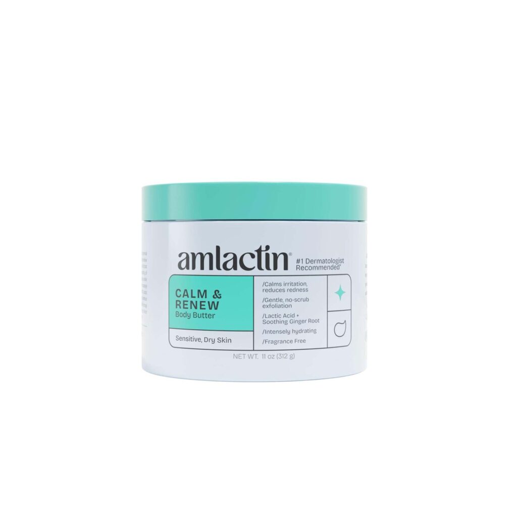 amlactin calm & renew body butter therapeutic skin care moisturizer for sensitive skin no scrub exfoliator and body cream for dry skin with lactic acid aha and soothing ginger root, 11oz