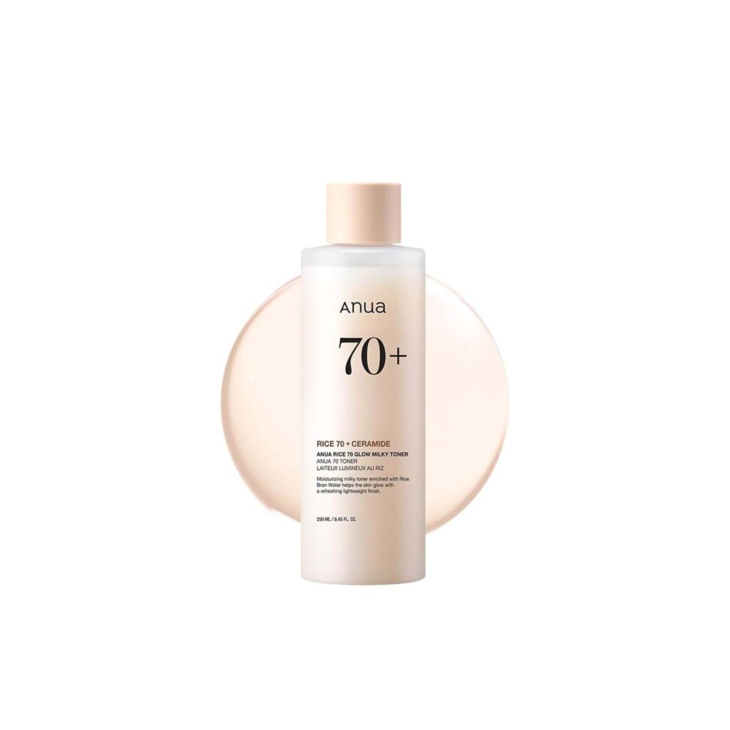 anua rice 70 glow milky toner, glass & dewy skin, hydrating & barrier care, rice water, niacinamide, ceramides, all skin types, fragrance free, non comedogenic, korean skincare, 8.45 fl.oz