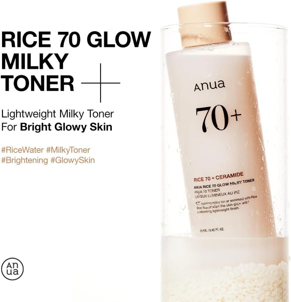 anua rice 70 glow milky toner, glass & dewy skin, hydrating & barrier care, rice water, niacinamide, ceramides, all skin types, fragrance free, non comedogenic, korean skincare, 8.45 fl.oz