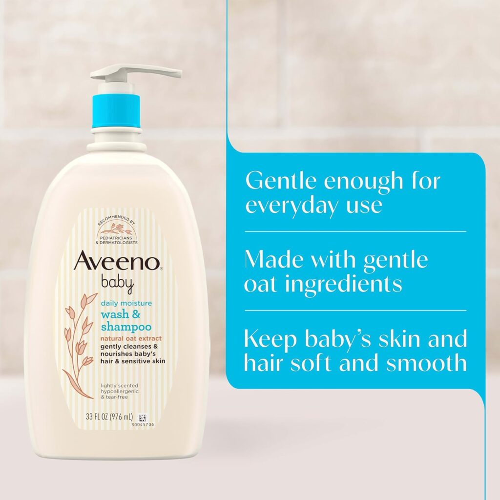 aveeno baby daily moisture gentle baby body wash and shampoo with oat extract, 2 in 1 baby wash & hair shampoo, tear free, ph balanced for sensitive skin & hair, lightly scented, value size 33 fl oz