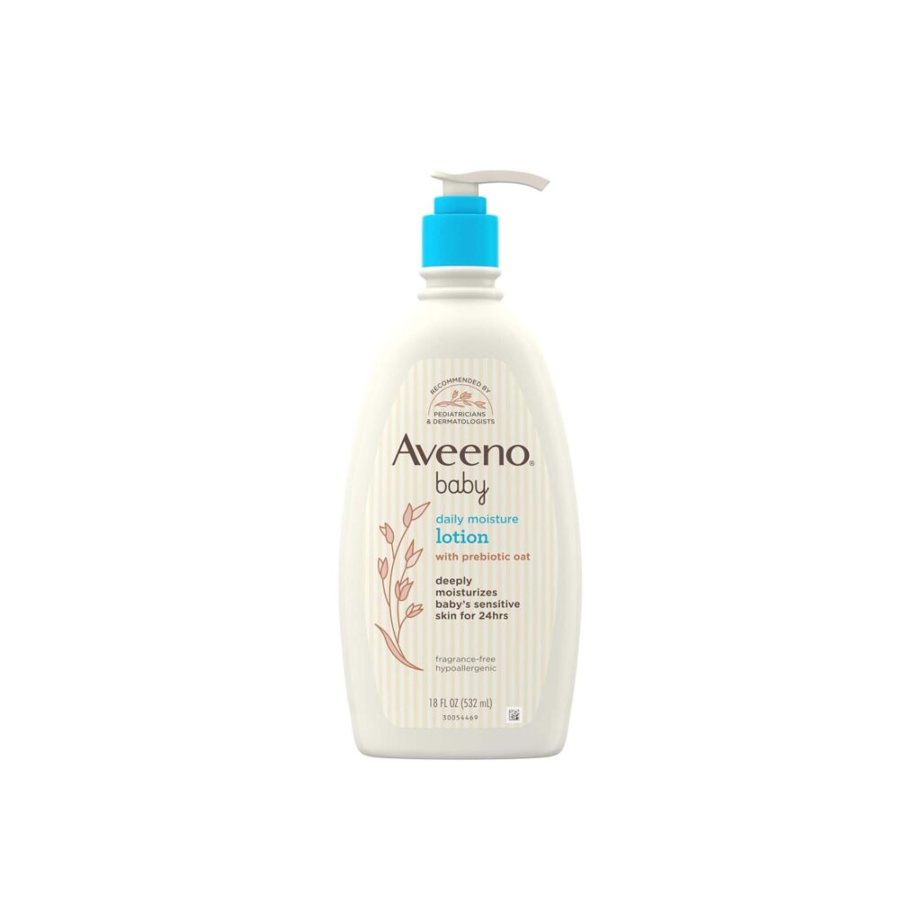 aveeno baby daily moisture body lotion for sensitive skin, hypoallergenic moisturizing baby lotion with nourishing oatmeal to deeply moisturize baby's skin, fragrance free, 18 fl. oz
