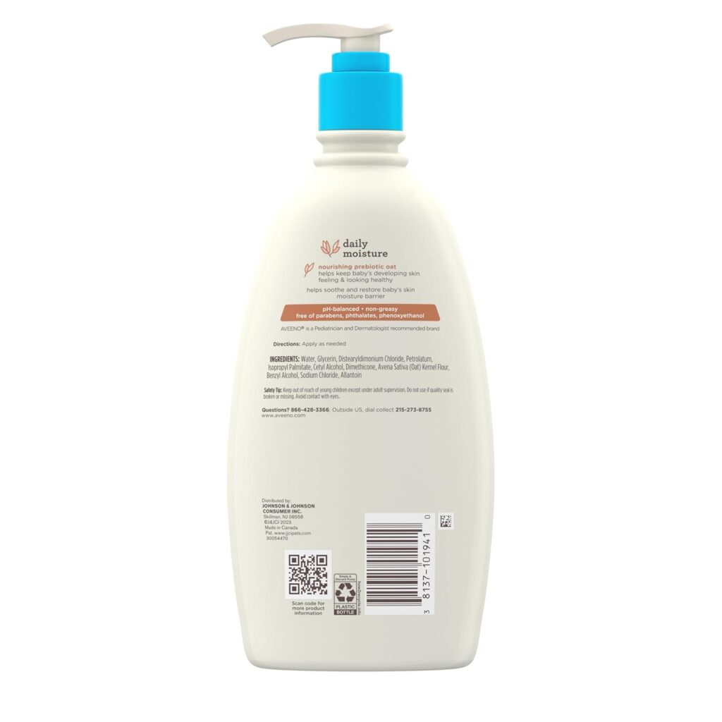 aveeno baby daily moisture body lotion for sensitive skin, hypoallergenic moisturizing baby lotion with nourishing oatmeal to deeply moisturize baby's skin, fragrance free, 18 fl. oz